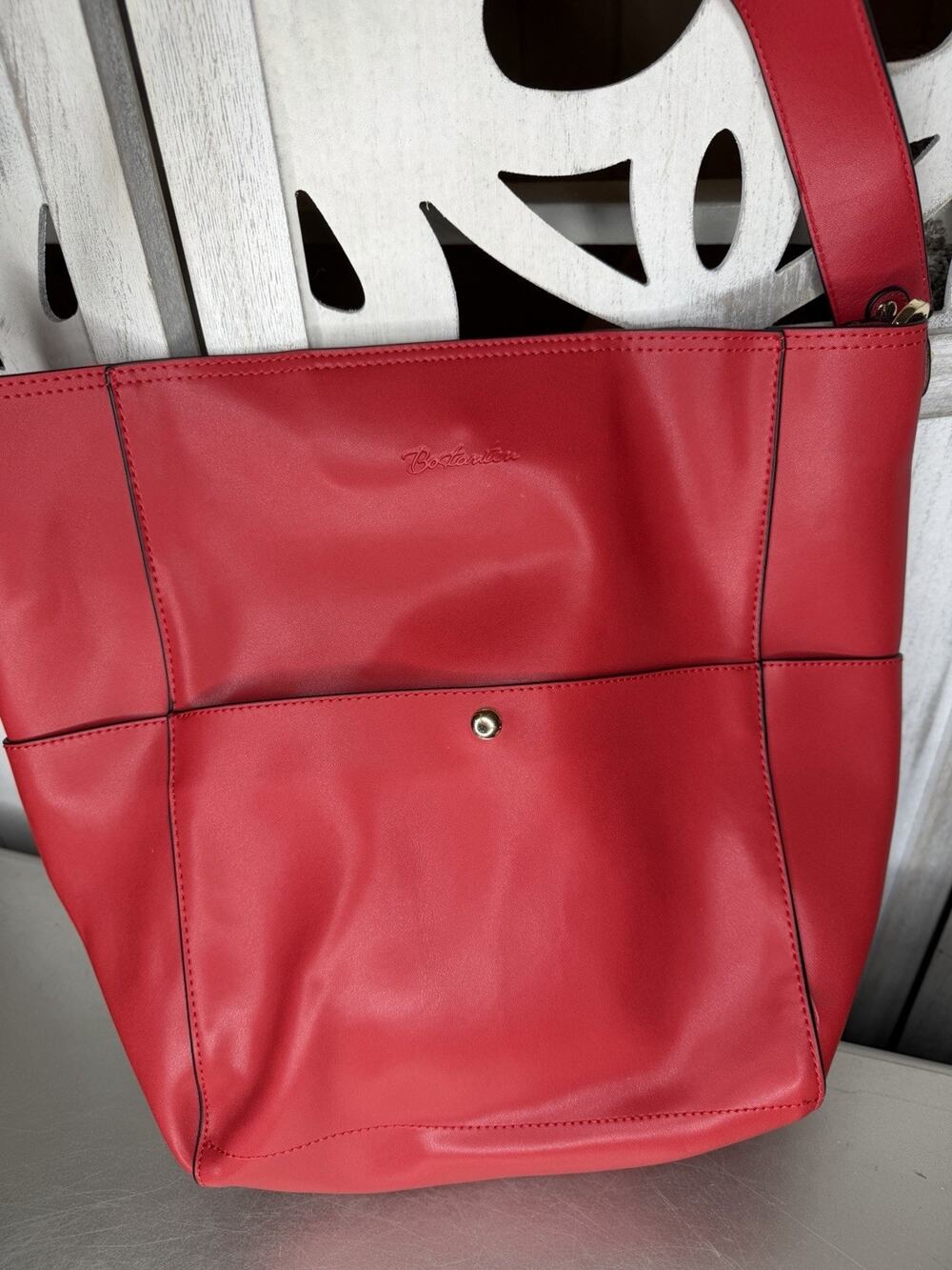 BOSTANTEN Women's Genuine Leather Bright Red Bucket Shoulder Bag